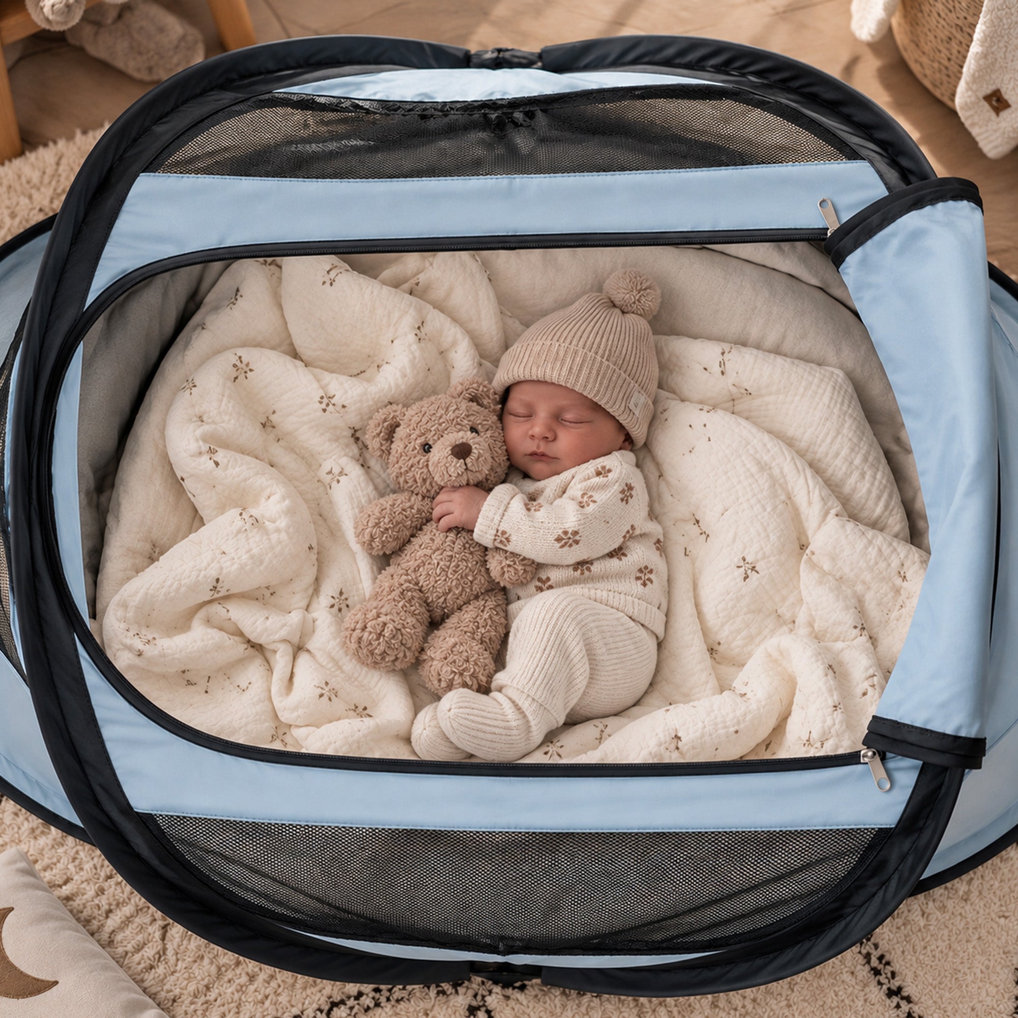 deryan-tent-627tdm-1.jpg BabyBox baby tentje Campingbedje + katoenen dekje Sky Blue - Afbeelding 1