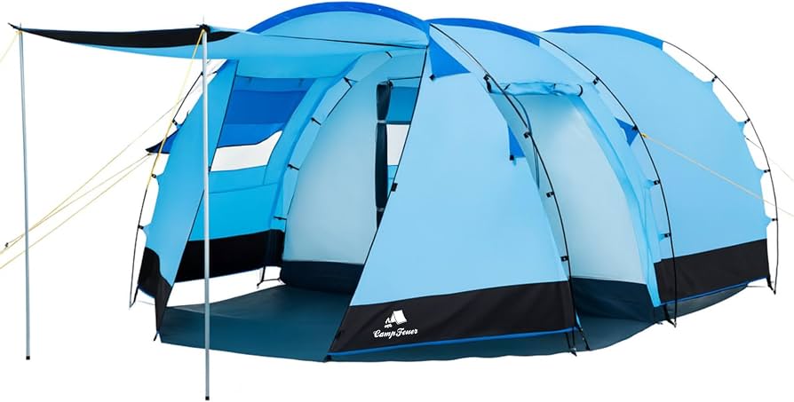 kampeertent-4-personen-098cix-1.jpg CampFeuer Super+ Tent voor 4 personen, blauw/zwart, grote tunneltent met 2 ingangen en luifel, 3000 mm waterkolom, groepstent, campingtent, ... - Afbeelding 1
