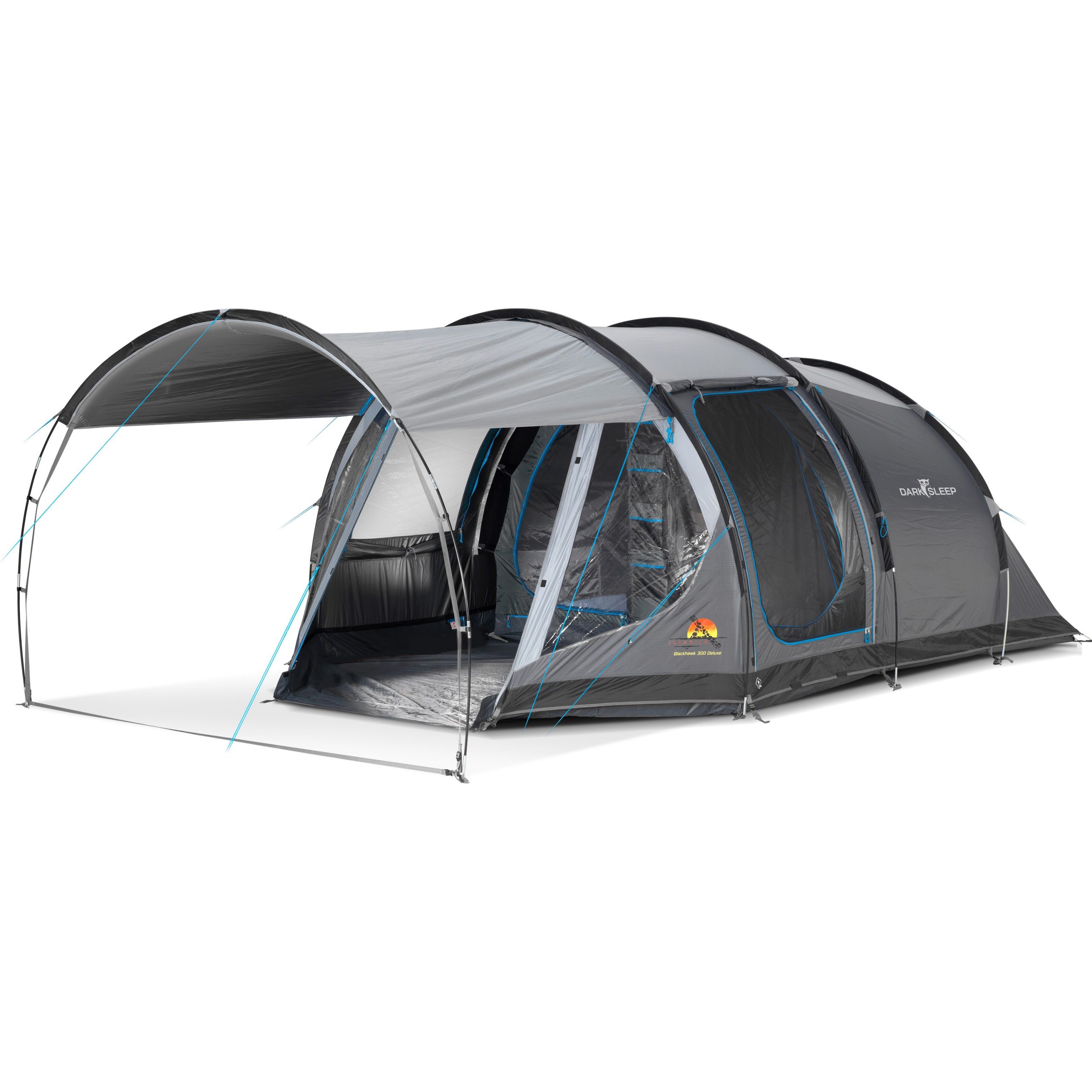 safarica-tent-159inn-1.jpg Safarica Blackhawk 300 Deluxe DarkSleep tunneltent grey anthracite blue - Afbeelding 1