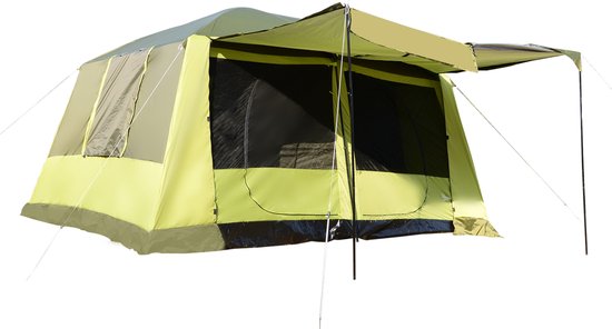 tent-met-2-slaapcabines-131wfx-1.jpg Outsunny Campingzelt Polyester, Metallrohr, Fiberglas L405 x B305 x H225cm Armeegrün +... | bol - Afbeelding 1