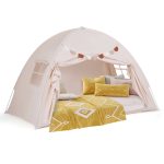 Tweepersoons Tent voor Kinderen Opvouwbare en Draagbare Baldakijntent voor Stapelbed met 2 Ramen en Vlaggen Beige