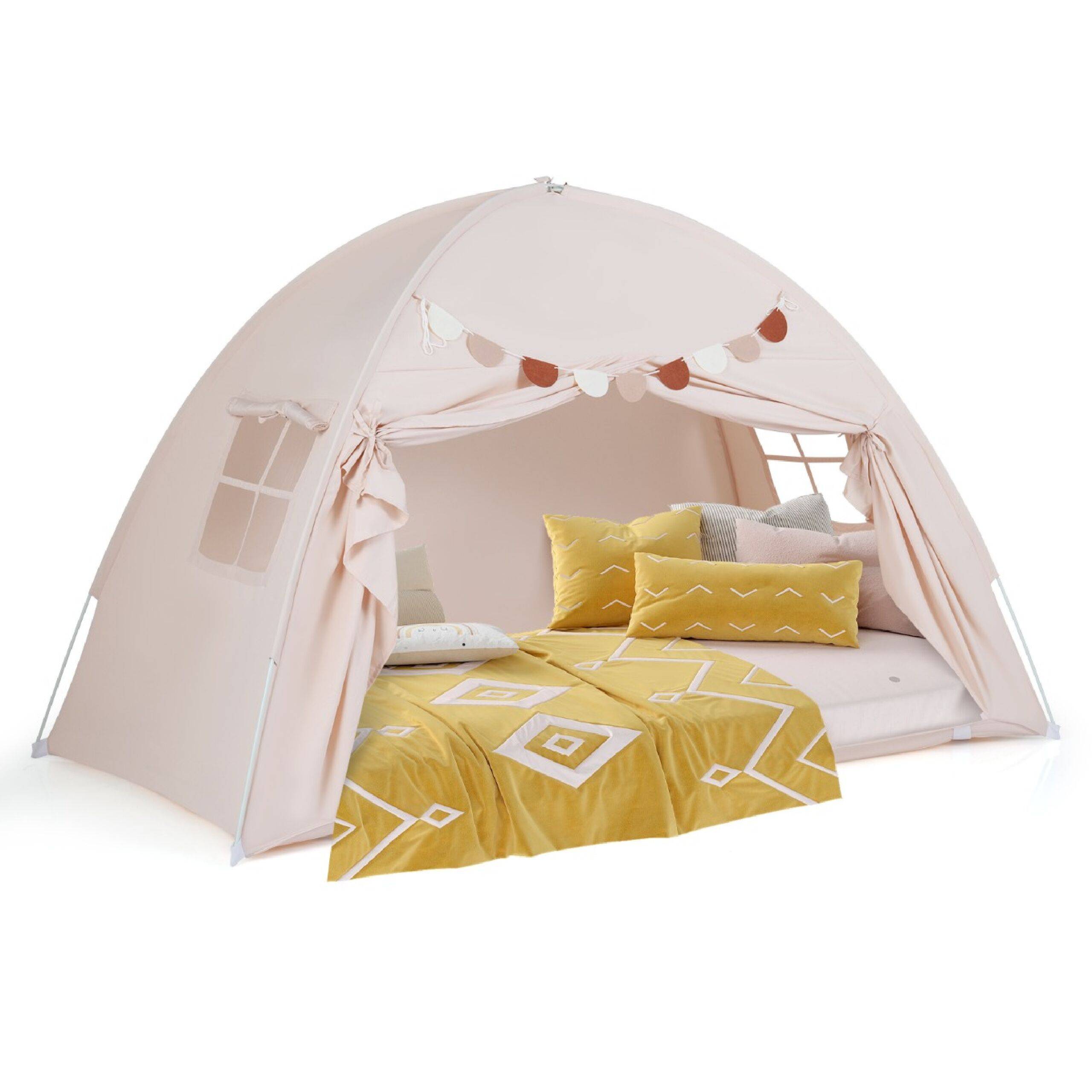 tweepersoons-tent-109szw-1.jpg Tweepersoons Tent voor Kinderen Opvouwbare en Draagbare Baldakijntent voor Stapelbed met 2 Ramen en Vlaggen Beige - Afbeelding 1